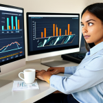 A focused young professional, dressed in modest business casual attire, sitting comfortably at a sleek desk in a sunlit, contemporary home office. A large monitor in front of them displays intricate financial charts and graphs, clearly illustrating income and expense categories, with a thoughtful and slightly surprised yet determined expression. The scene is depicted with professional photography, high resolution, and soft natural lighting. safe for work, appropriate content, fully clothed, professional dress, perfect anatomy, correct proportions, well-formed hands, proper finger count, natural body proportions, natural pose.