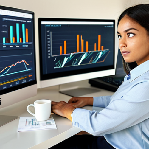 Home 1 A focused young professional, dressed in modest business casual attire, sitting comfortably at a sleek desk in a sunlit, contemporary home office. A large monitor in front of them displays intricate financial charts and graphs, clearly illustrating income and expense categories, with a thoughtful and slightly surprised yet determined expression. The scene is depicted with professional photography, high resolution, and soft natural lighting. safe for work, appropriate content, fully clothed, professional dress, perfect anatomy, correct proportions, well-formed hands, proper finger count, natural body proportions, natural pose.