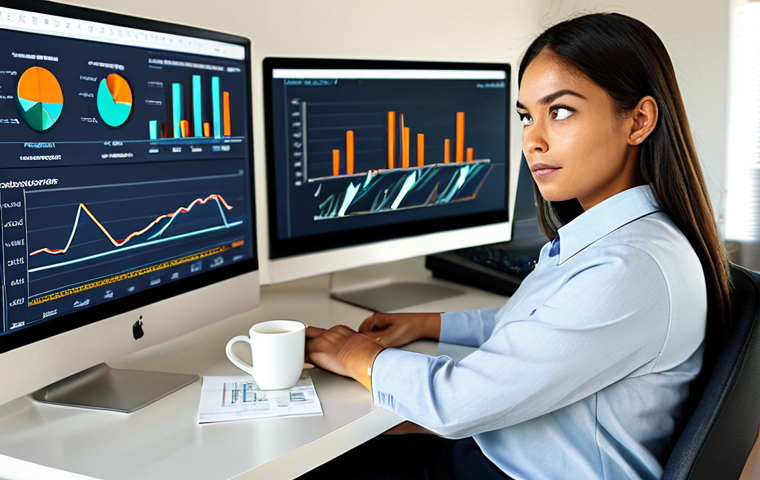 A focused young professional, dressed in modest business casual attire, sitting comfortably at a sleek desk in a sunlit, contemporary home office. A large monitor in front of them displays intricate financial charts and graphs, clearly illustrating income and expense categories, with a thoughtful and slightly surprised yet determined expression. The scene is depicted with professional photography, high resolution, and soft natural lighting. safe for work, appropriate content, fully clothed, professional dress, perfect anatomy, correct proportions, well-formed hands, proper finger count, natural body proportions, natural pose.